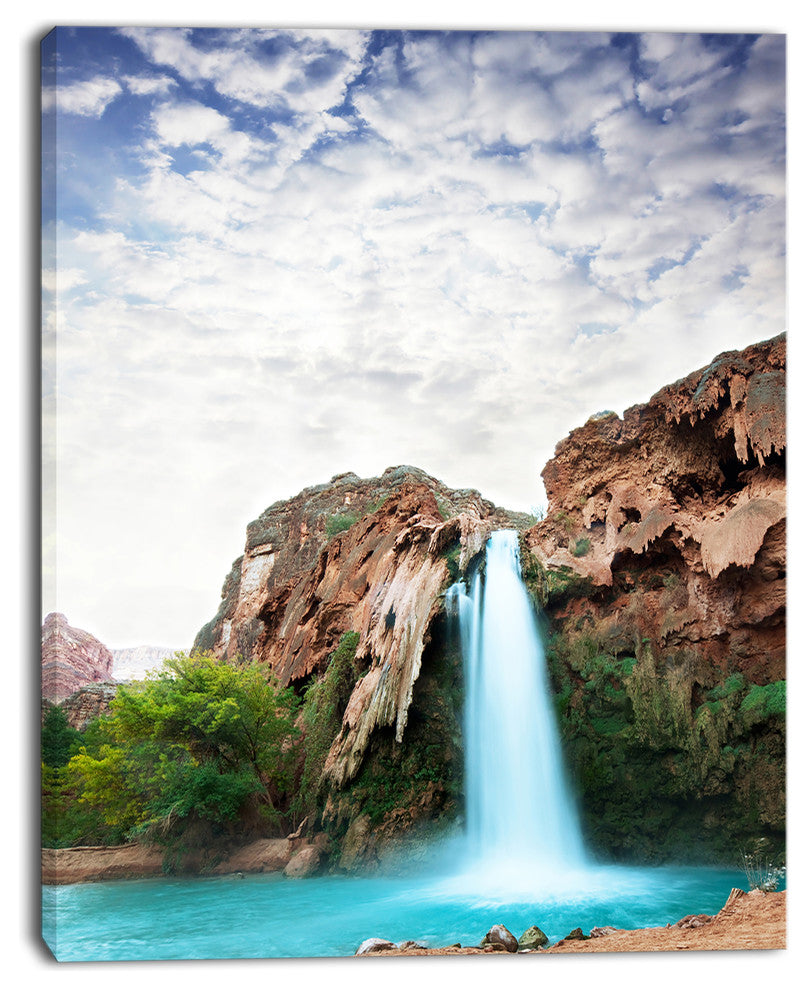 Amazing Waterfall under Cloudy Sky, Oversized Landscape Canvas Art, 12"x20"