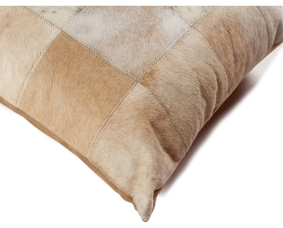 18"x18" Torino Patchwork Cowhide Pillow, Salt and Pepper Taupe/White