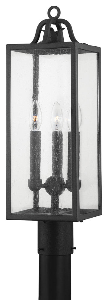 Caiden 3-Light Exterior Post Light, Forged Iron Frame, Clear Seeded Glass