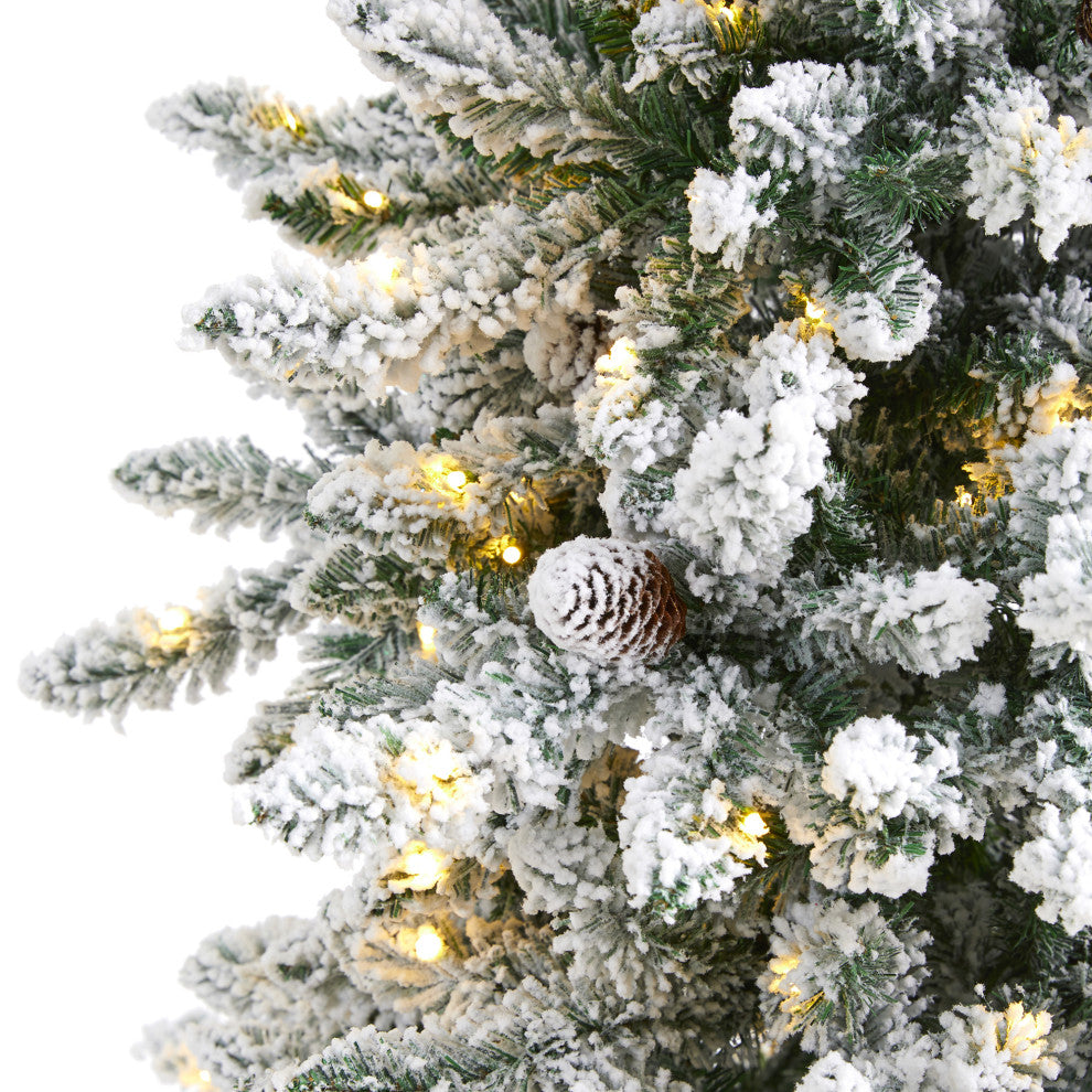 6' Flocked Livingston Fir Faux Xmas Tree With Pine Cones & 300 Clear Warm Lights