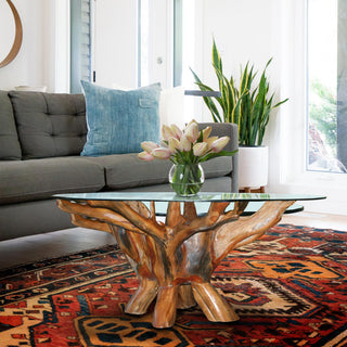 Rustic Teak Wood Root Round Coffee Table Including 43 Inch Glass Top