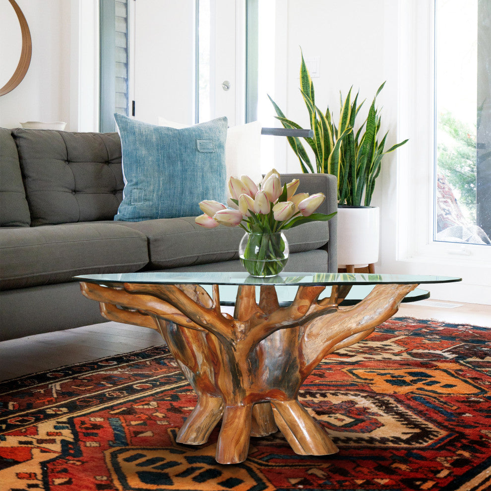 Rustic Teak Wood Root Round Coffee Table Including 43 Inch Glass Top