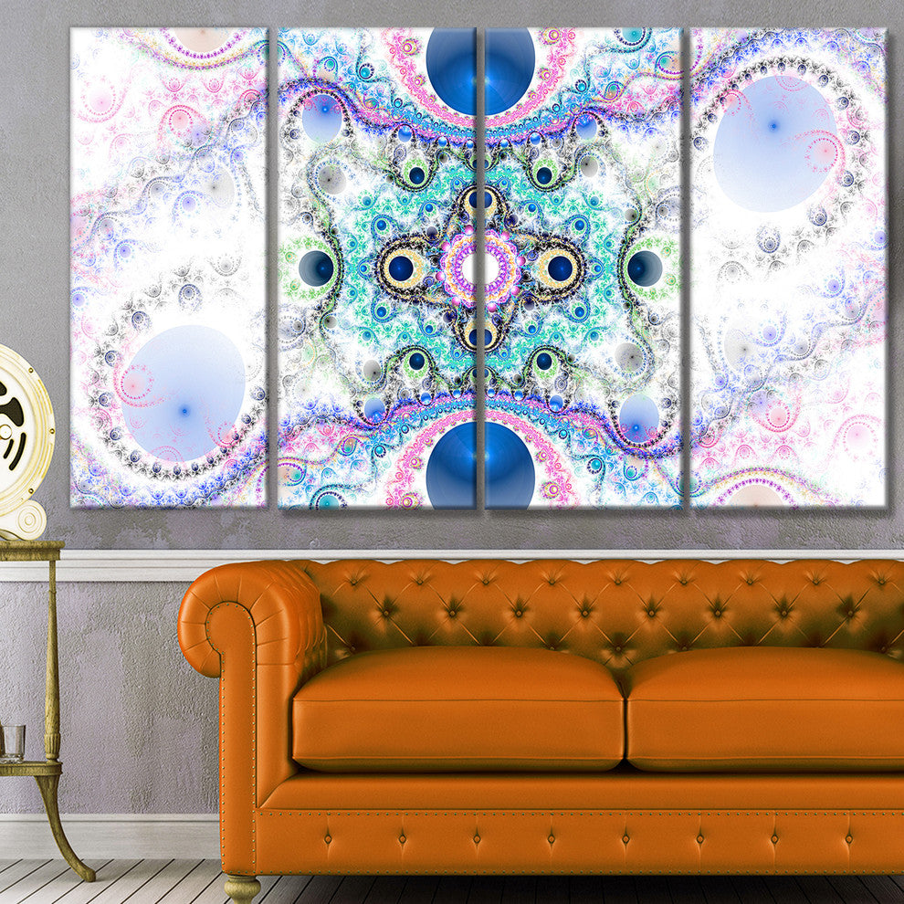 Cryptical Blue Fractal Pattern, Abstract Wall Art Canvas, 48"x28", 4 Panels
