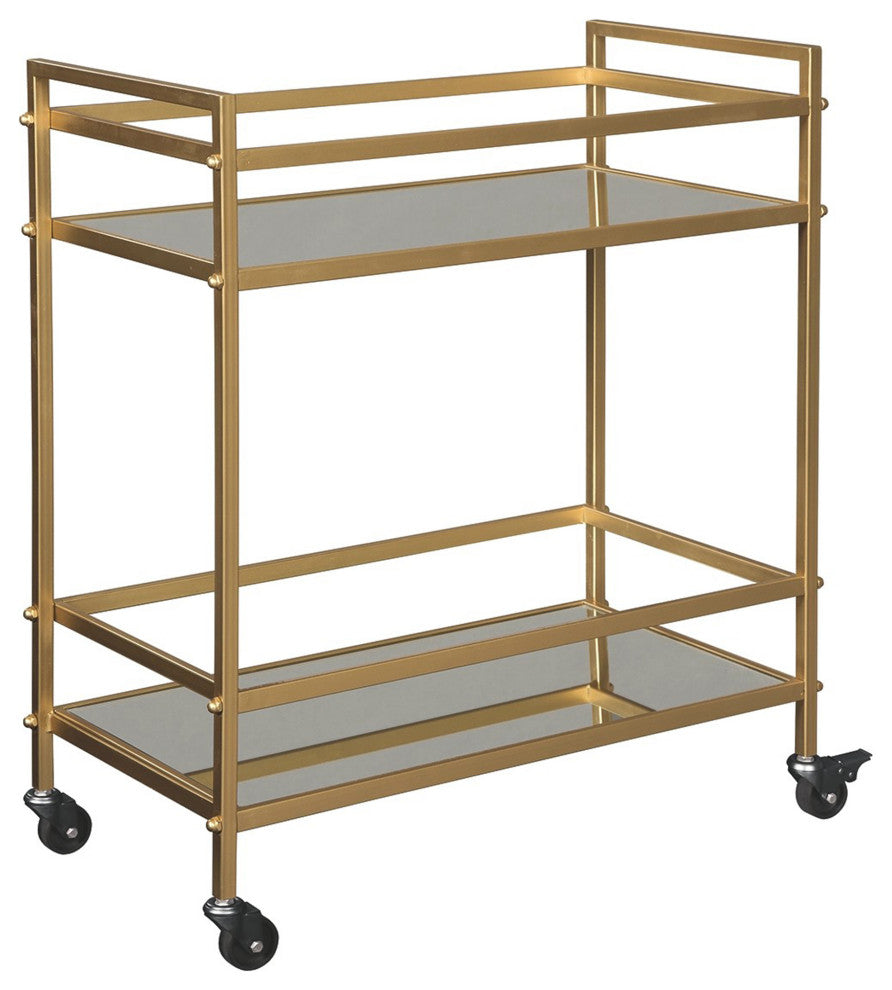 Benzara BM231915 Metal Frame Bar Cart With 2 Mirrored Shelves, Gold
