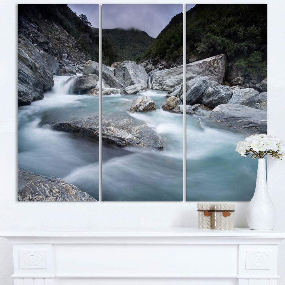 "Slow Motion Mountain River and Rocks" Metal Wall Art, 3 Panels, 36"x28"