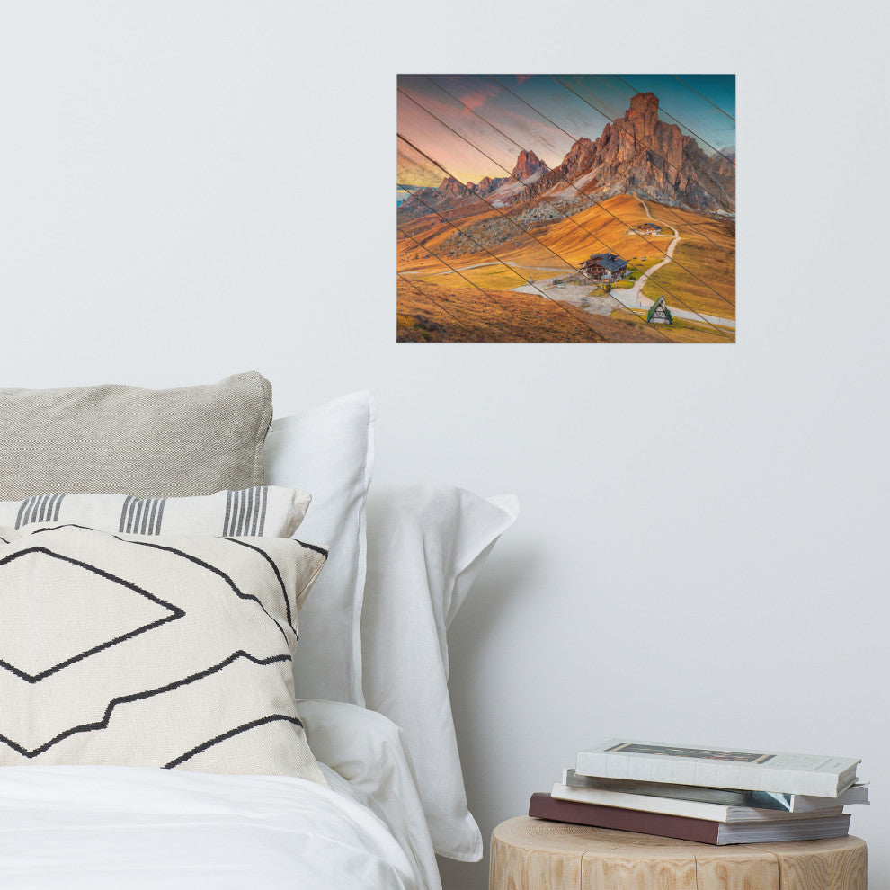 Faux Wood Majestic Sunset & Alpine Mountain Landscape Photo Wall Art Print, 16" X 20"