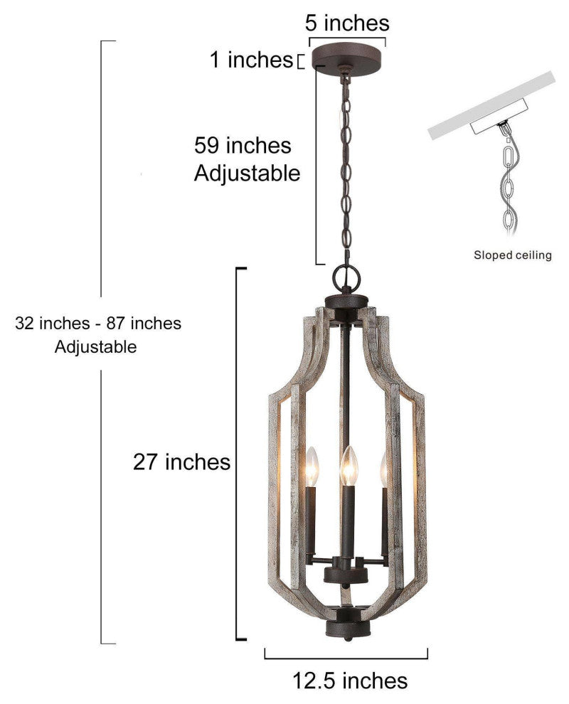 LNC Farmhouse Bronze 3-Light Lantern Wood Chandelier for Kitchan Island