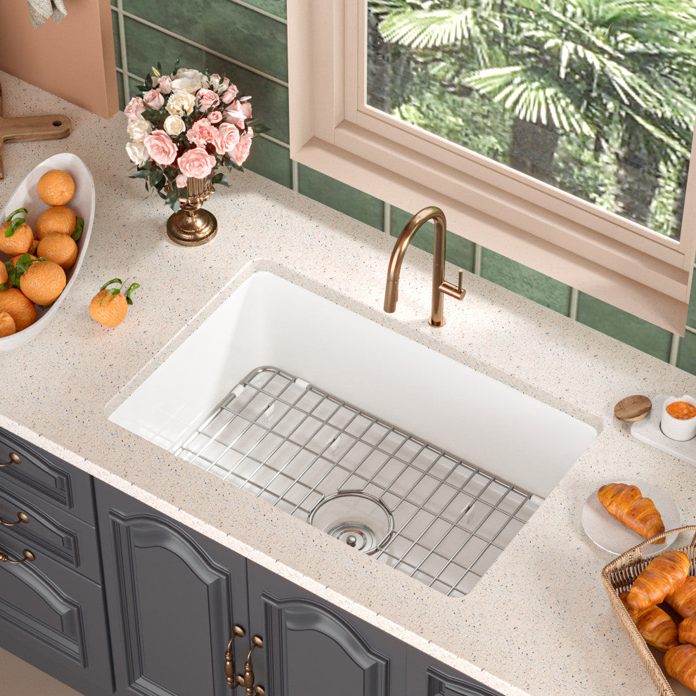 27"L x 19"W Undermount Fireclay Kitchen Sink with Sink Grid and Basket Strainer