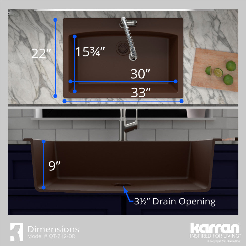 Karran Drop-In Quartz Composite 33" 1-Hole Single Bowl Kitchen Sink Kit, Brown