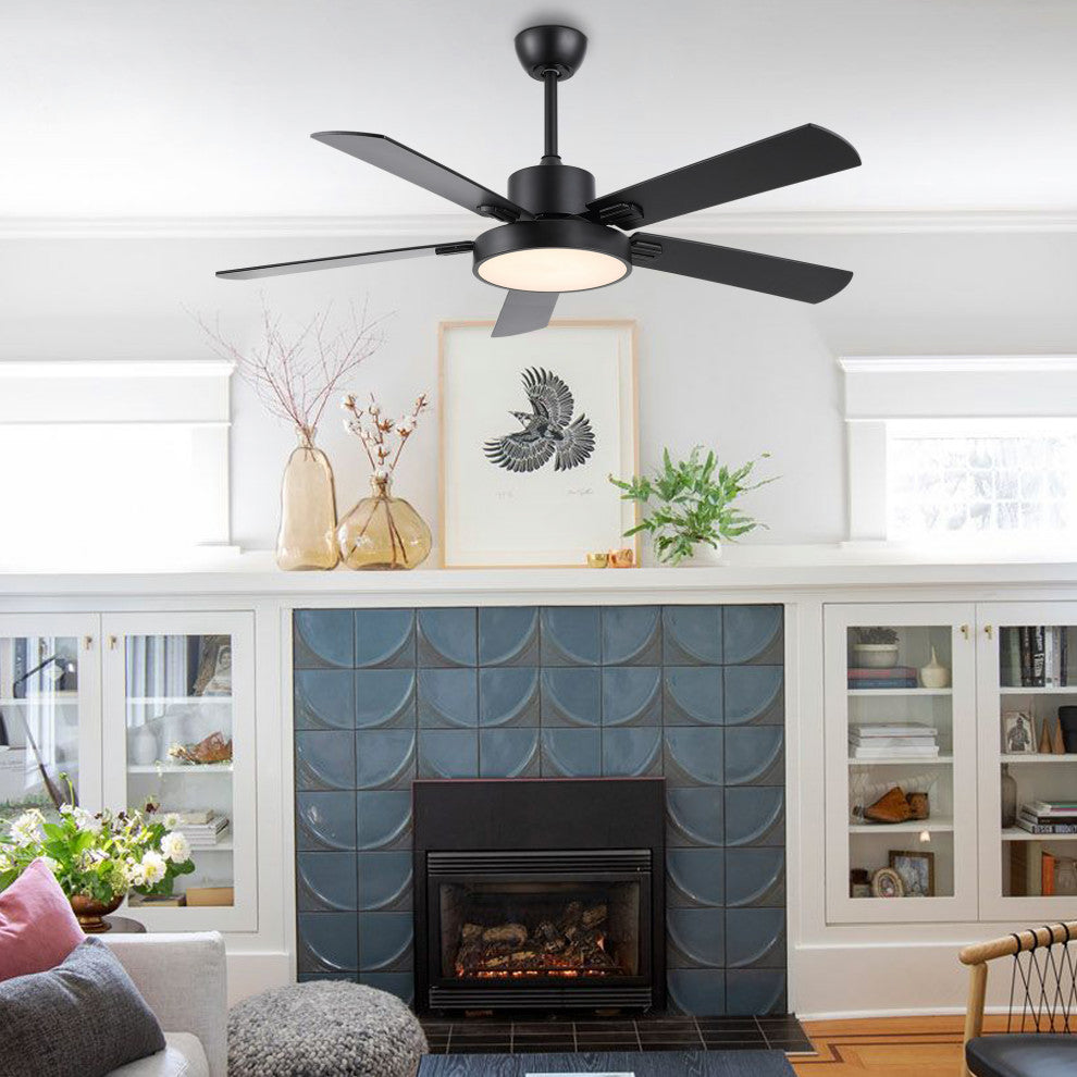 52" Modern 5-Blade Black Ceiling Fan With LED Light Kit and Remote