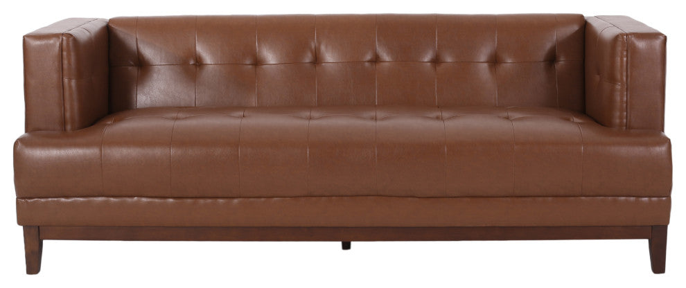 Stefan Mid Century Faux Leather Tufted 3 Seater Sofa, Cognac + Espresso