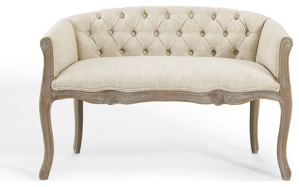 French Vintage Loveseat Sofa, Fabric, Wood, Beige, Modern, Lounge Hospitality