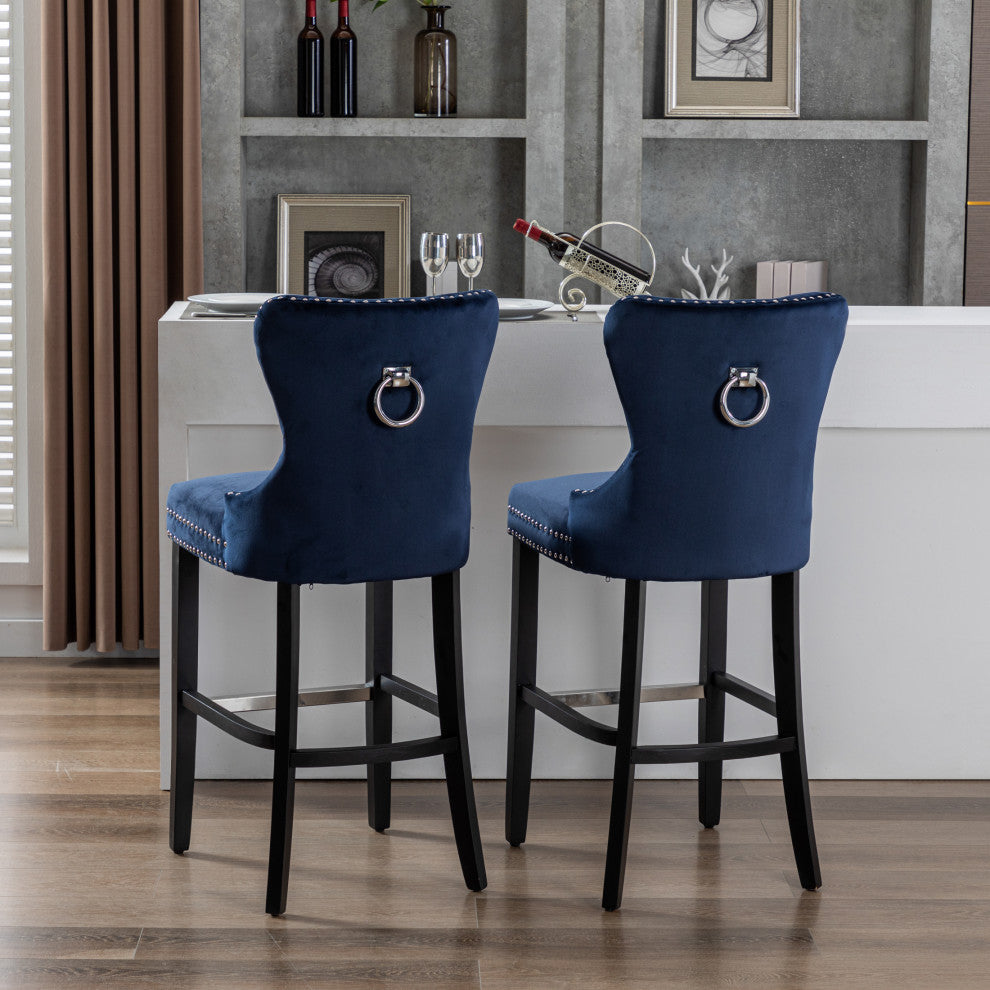 WestinTrends 2PC 29" Wingback Diamond Tufted Glam Velvet Bar Stool Set, Black, Velvet Navy Blue