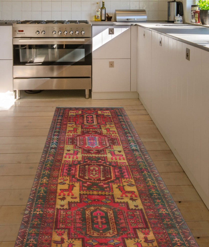 Fine Vintage Distressed Nuvia Gold/Red Runner, 3'4x10'2