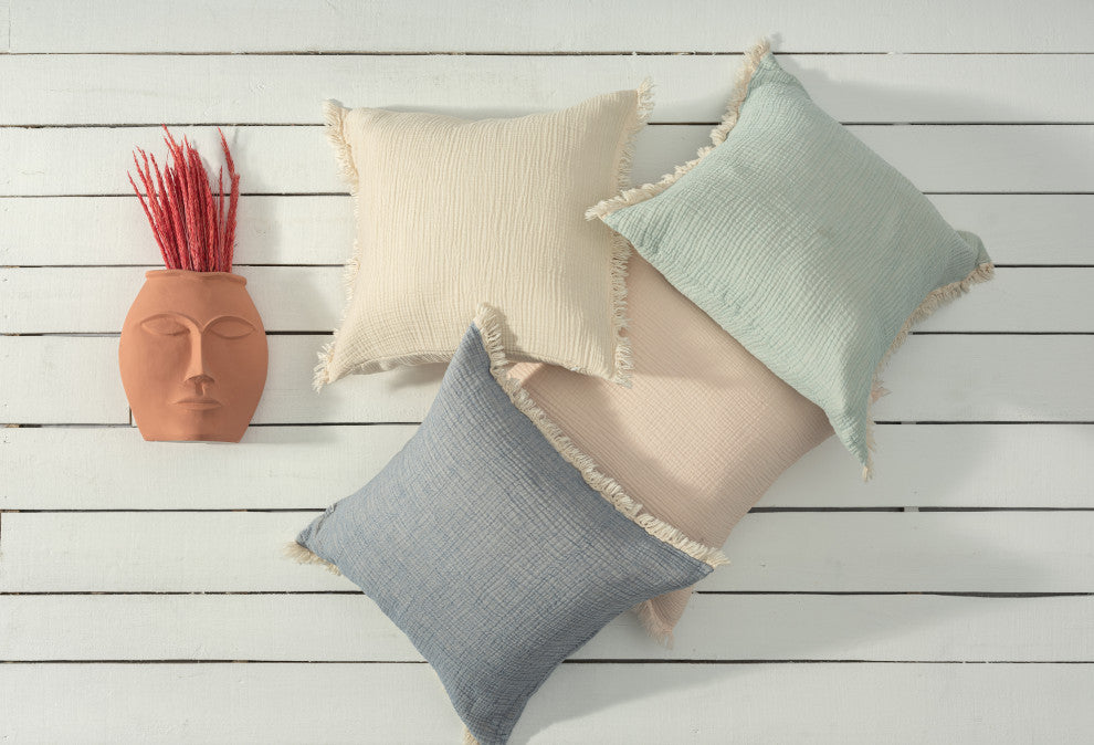 Cream/ Beige Solid Fringed Organic Turkish Cotton Throw Pillow, White