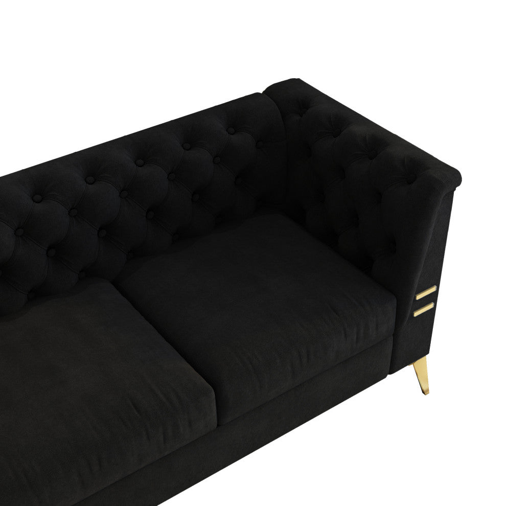 82.7'' Chesterfield Velvet Square Arm Sofa with Gold Leg, Black