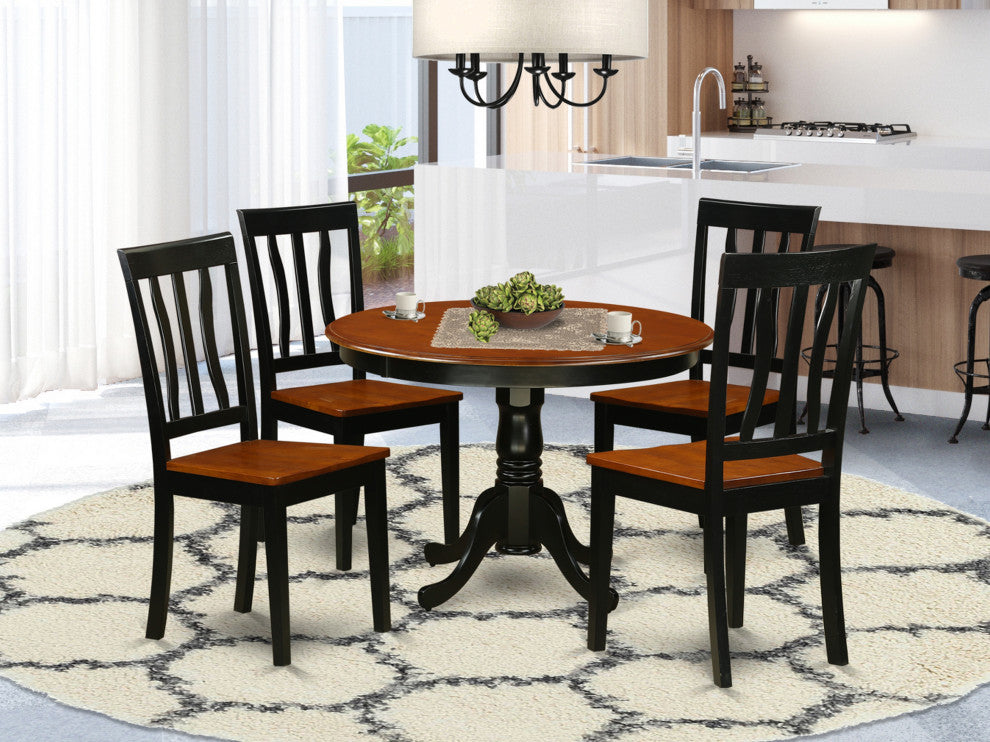 5 Pc Set, Round Dinette Table And 4 Wood Dinette Chairs, Black And Cherry