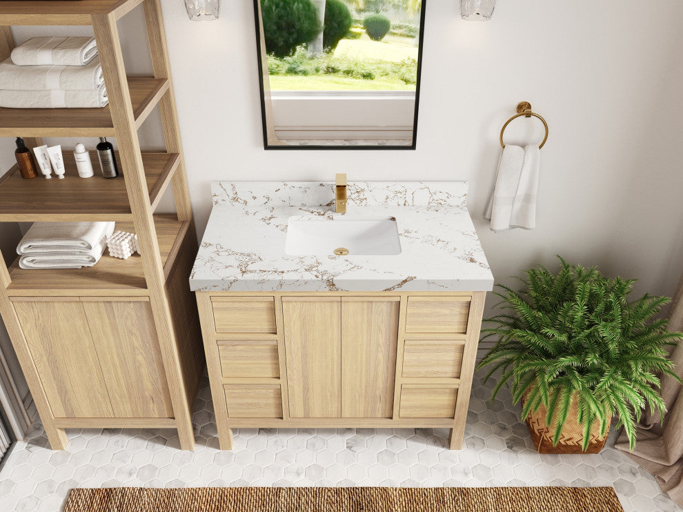 Elizabeth Oak 42" Single Sink Vanity, White 2" Viola Gold