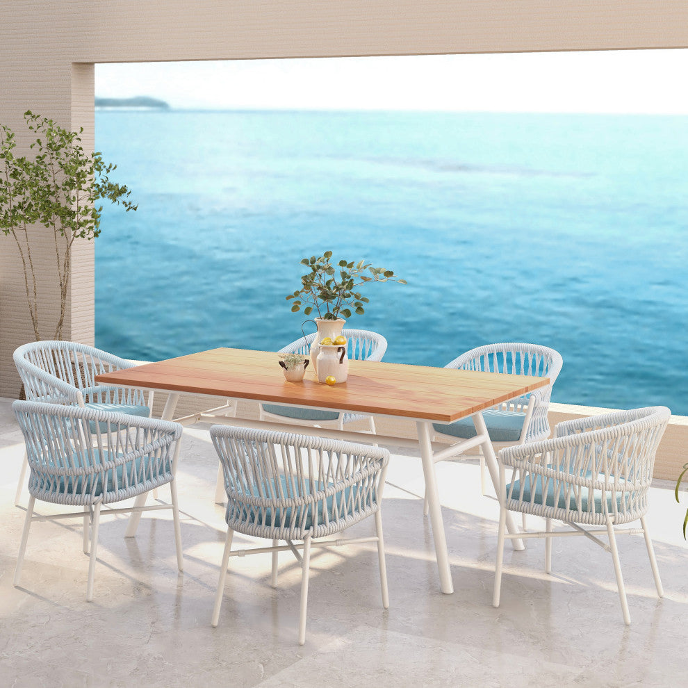 Maiden 71" 7-Piece Weaving Outdoor Patio Dining Set, Sky Blue Sunproof Olefin