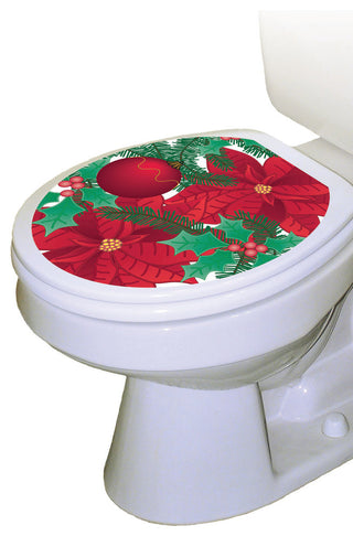 Poinsettia Toilet Tattoos Seat Cover, Vinyl Lid Decal, Holiday Bathroom Decor, Round