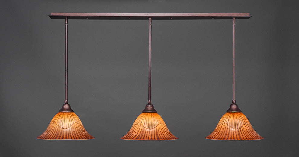 3 Light Mini Pendant In Bronze, 14" Tiger Glass