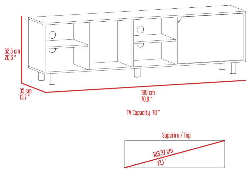 Native TV Stand for TVs up 70" with 5 Open Shelves, Cabinet, and 5 Legs, White