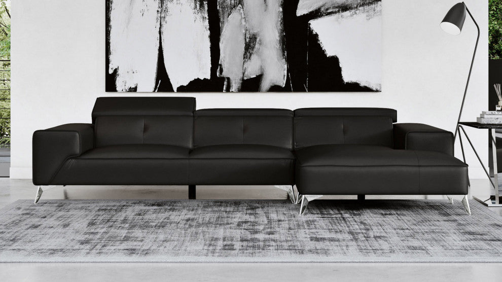 Raj Black Reclining Leather Sectional, Right Chaise