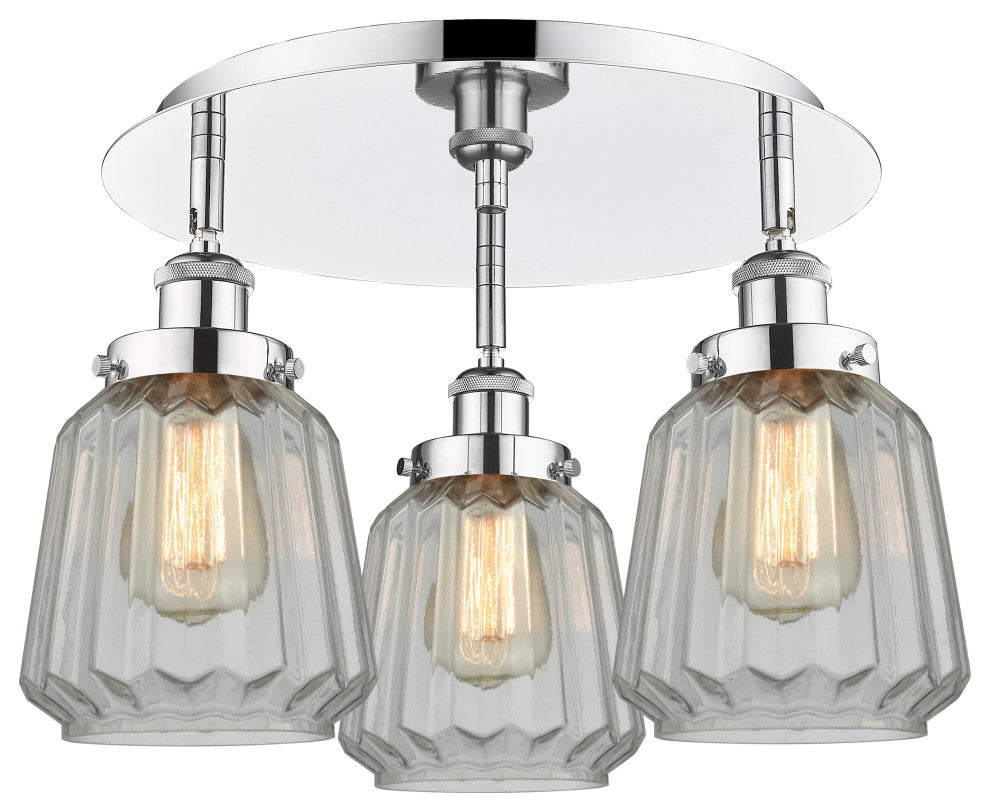 Chatham-3 Light 18" Flush Mount-Polished Chrome, Clear Glass Shade