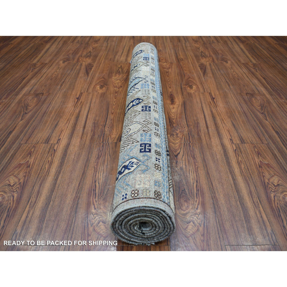 Light Gray, Turkeman Ersari Pure Wool Hand Knotted Wide Runner Rug, 4'1" x 9'7"