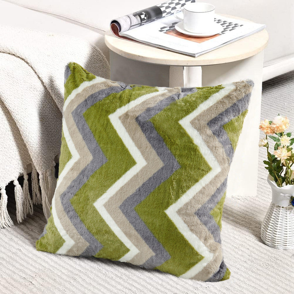 Chevron Faux Fur Pillow Shells, Set of 2, Taupe Green, 20"x20"