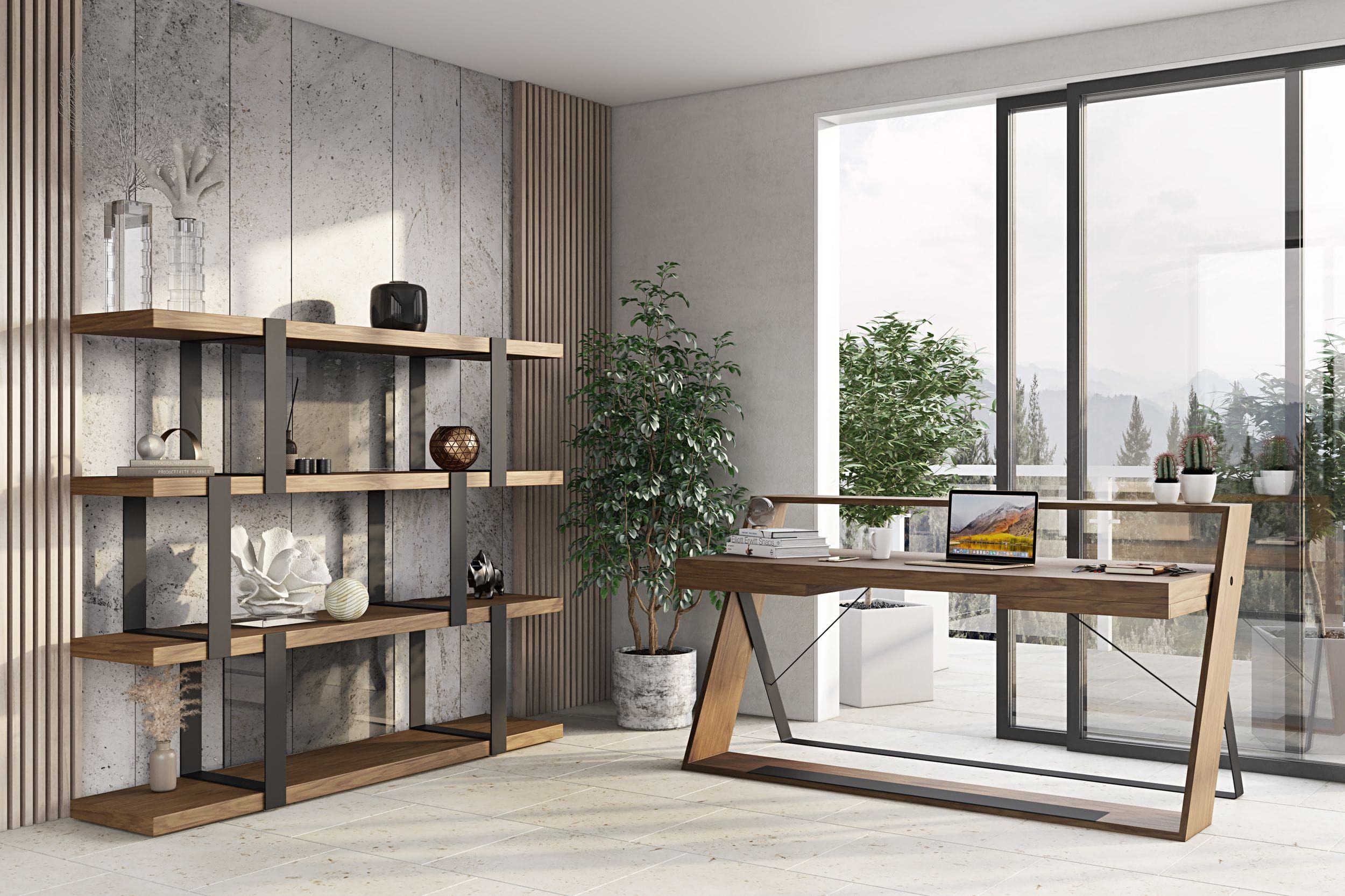 Modrest Brewer Modern Walnut and Black Bookshelf