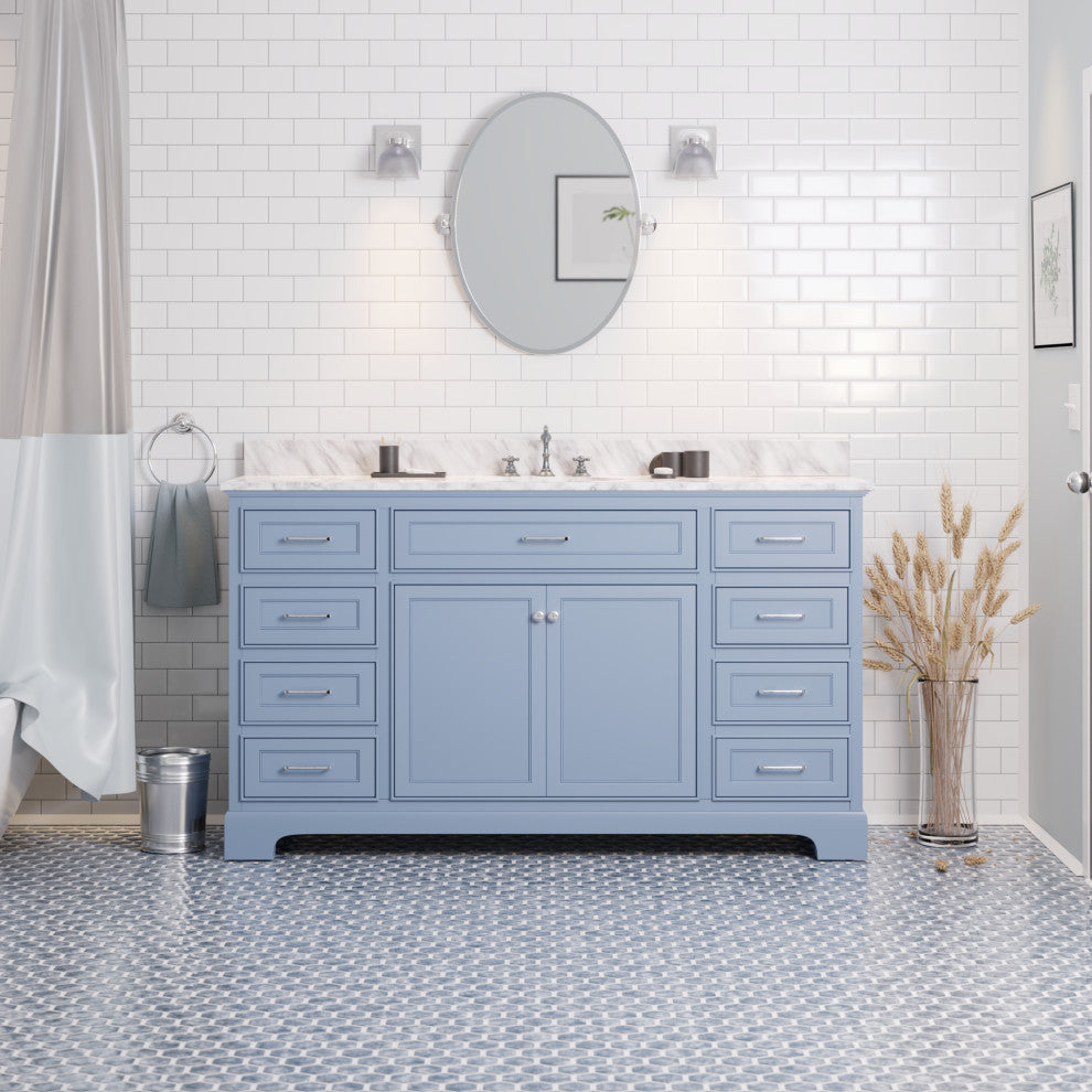 Aria 60" Bathroom Vanity, Powder Blue, Carrara Marble, Single Vanity