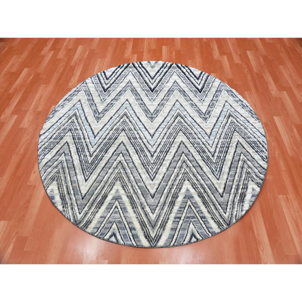 Round Chevron Design Modern Wool and Pure Silk Hand Knotted Rug, 6'0" x 6'0"