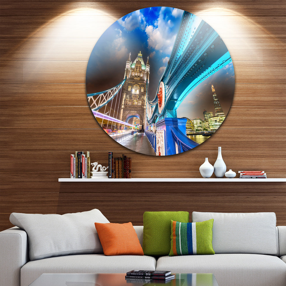 Night Over Tower Bridge In London, Cityscape Round Metal Wall Art, 11"