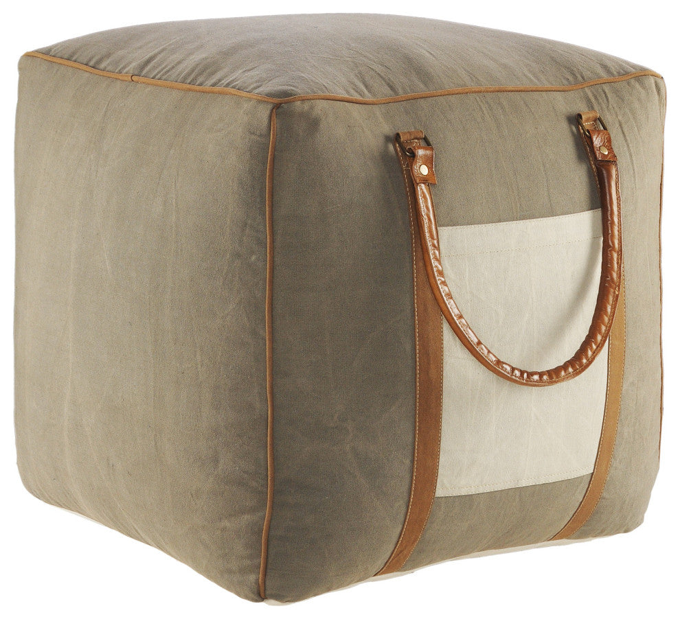 Modern Farmhouse Pouf with Leather Handles