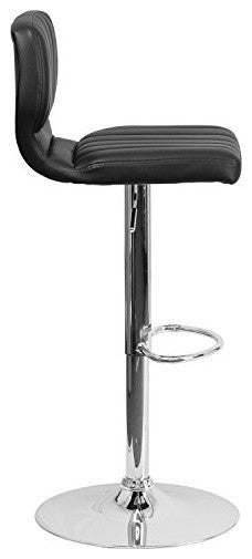Black Vinyl Adjustable Height Barstool, Vertical Stitch Back, Chrome Base