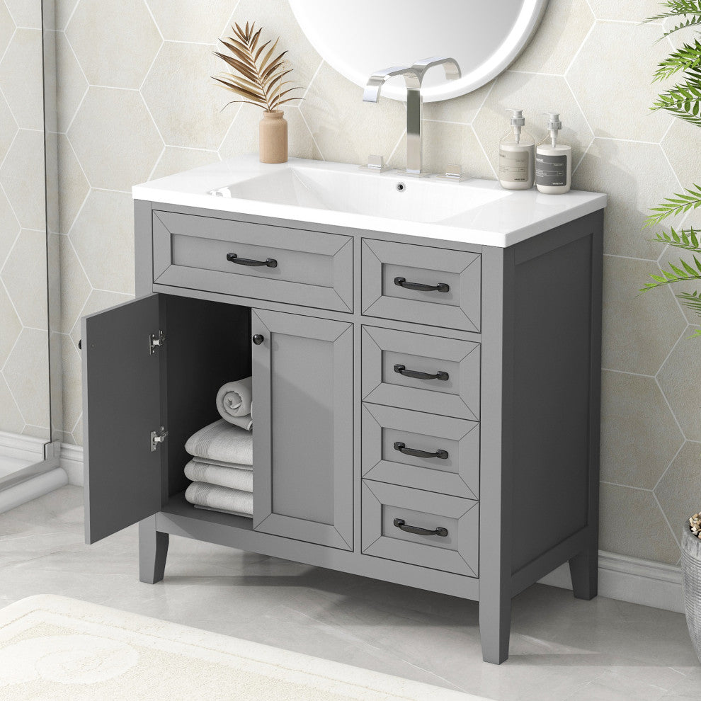 36 in. Freestanding Bathroom Vanity Set with Ceramic Integrated Single Sink, Grey