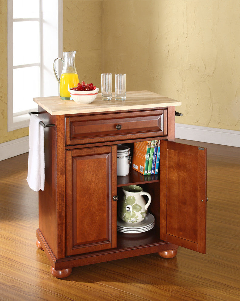 Alexandria Natural Wood Top Portable Kitchen Island, Classic Cherry Finish