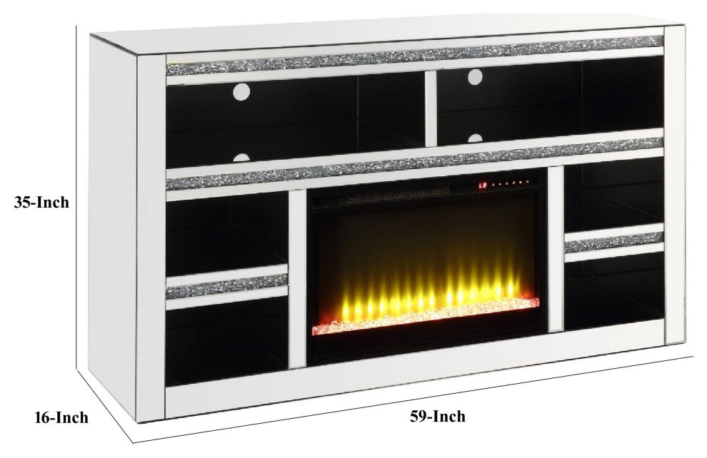 Benzara BM273254 Mirrored TV Media Stand, Timer Fireplace, 6 Compartment, Black