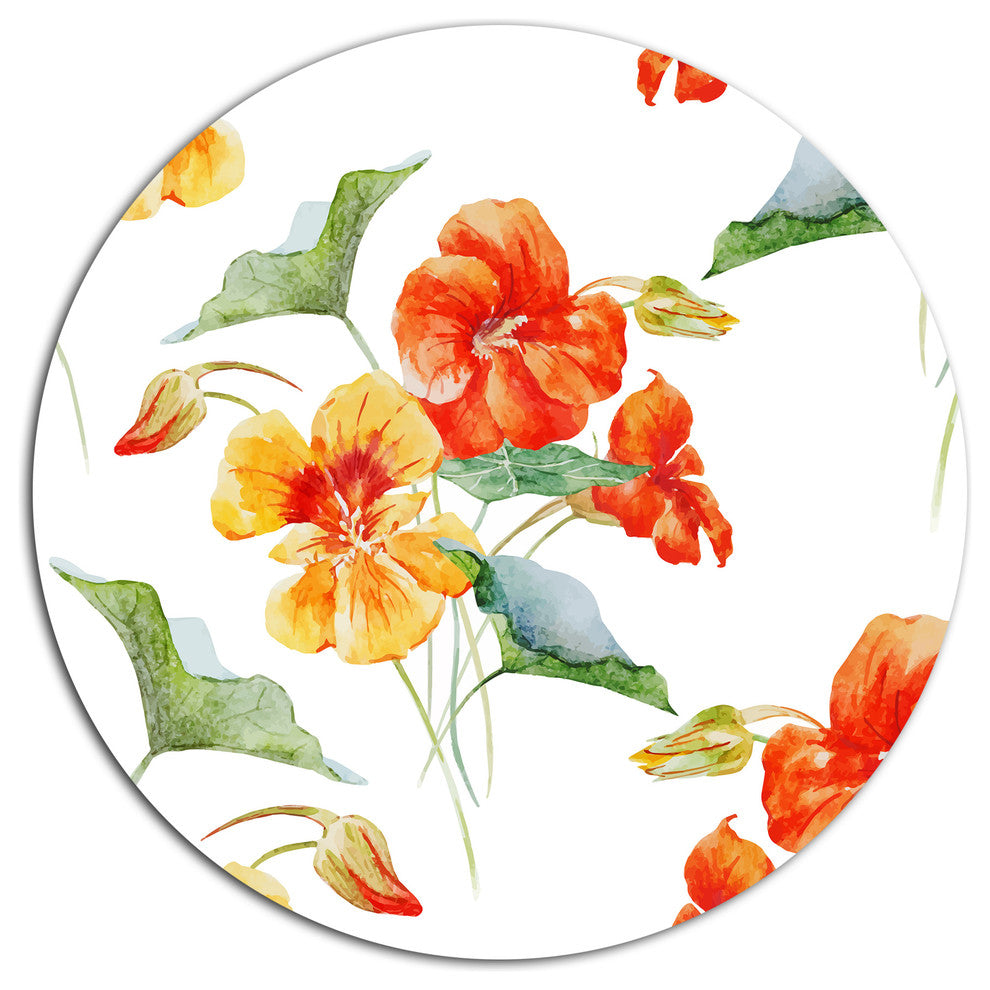 Watercolor Nasturtium Flower Pattern, Floral Disc Metal Artwork, 23"