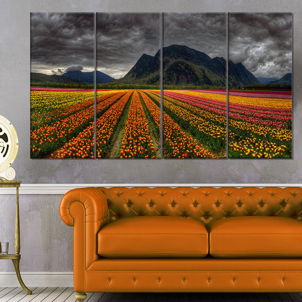Beautiful Colored Tulips Panorama, Landscape Canvas Art, 48"x28", 4 Panels