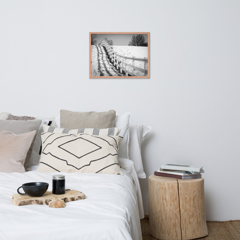 Endless Fences in Black & White Rural Landscape Framed Photo Paper Art Prints, Red Oak, 18" X 24"