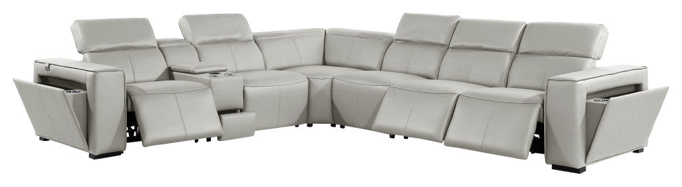Niccolo Italian Leather 7-Piece L-Shaped Power Reclining Sectional, Light Gray