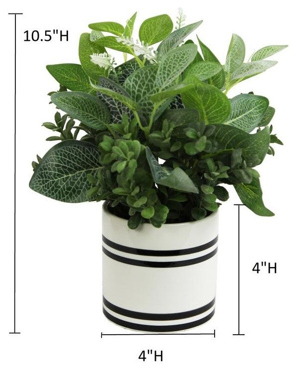 Admired By Nature Artificial Mixed Garden Foliage Plant With Striped Ceramic Pot