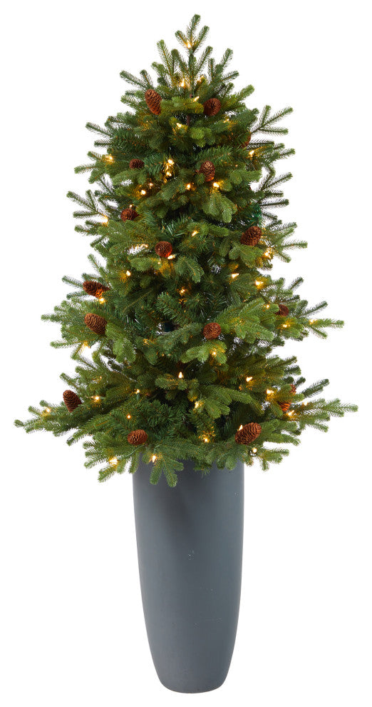 5' Yukon Mountain Fir Faux Xmas Tree W/Lights, Pinecones & 386 Bendable Branches