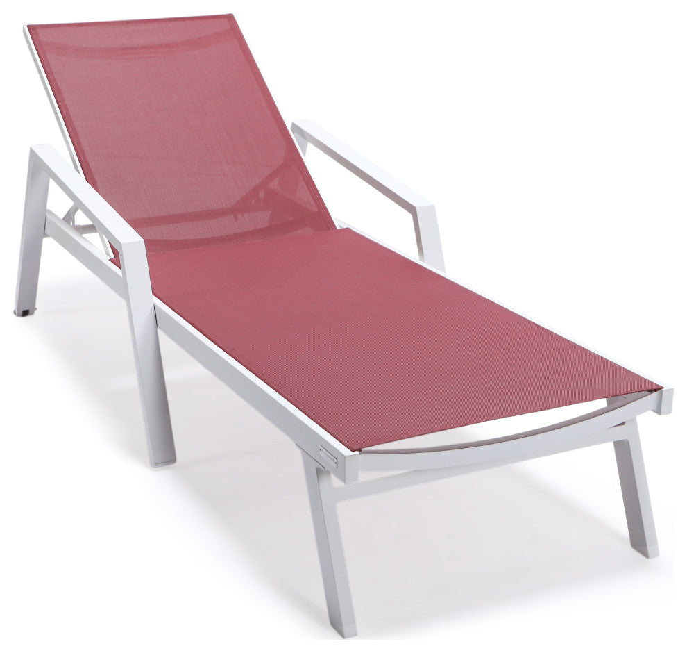 LeisureMod Marlin Patio Chaise Lounge Chair With Arms White Frame, Burgundy