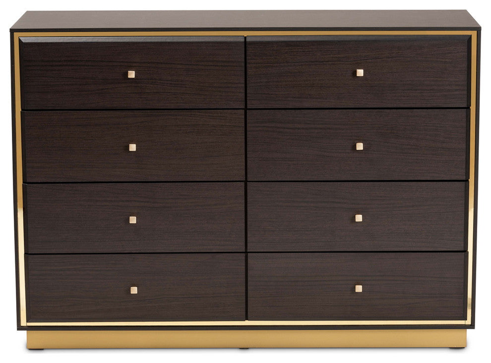 Warner Modern Espresso Brown Finished Wood and Gold Metal 8-Drawer Dresser