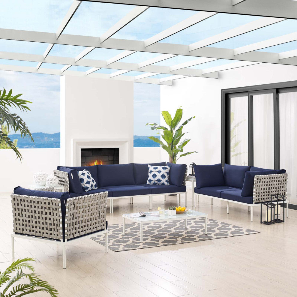 Lounge Sectional Sofa Chair Table Set, Sunbrella, Aluminum, Blue Navy, Outdoor