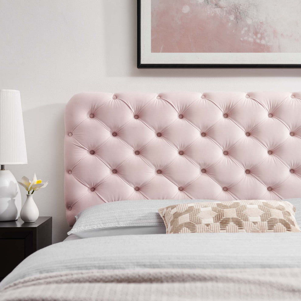 Tufted Headboard, King Size, Velvet, Pink, Modern Contemporary, Bedroom Master