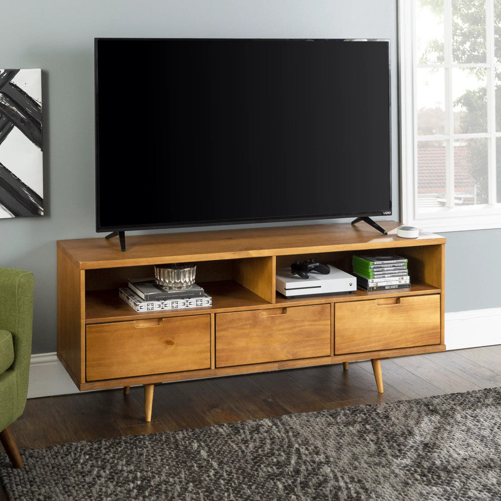 Rectangular TV Stand, Sleek Angled Legs With 3 Open Shelves & 3 Drawers, Caramel